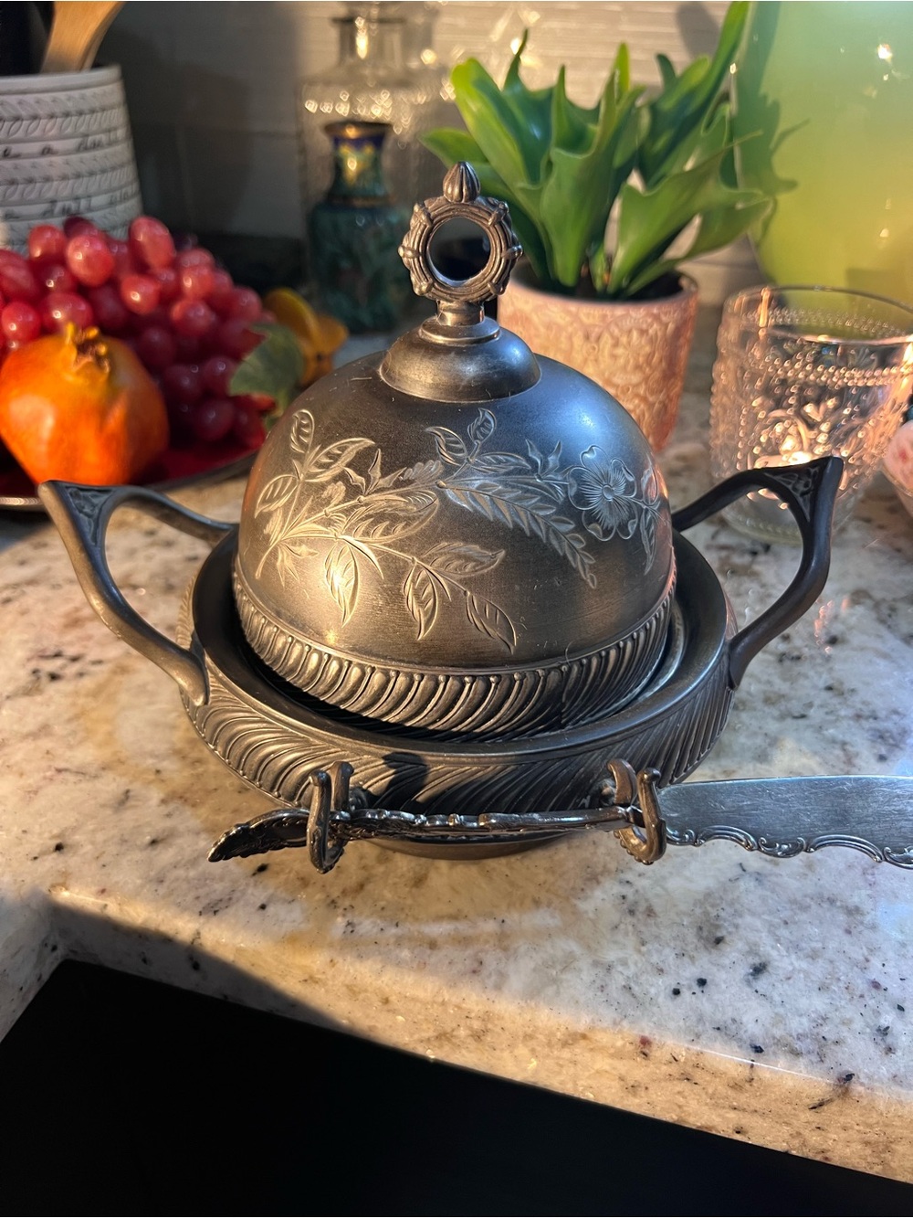 Gorgeous Quadruple Plate Etched Leaf Dome Butter Dish